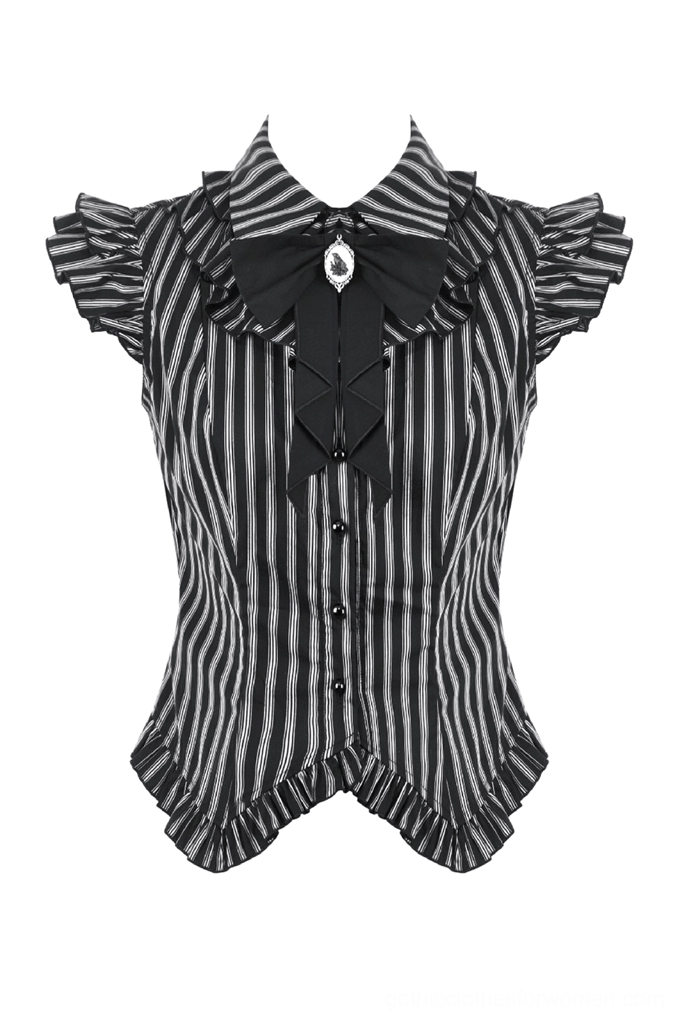 Front flat lay of black striped gothic blouse showing button placket and ruffled cap sleeves detail