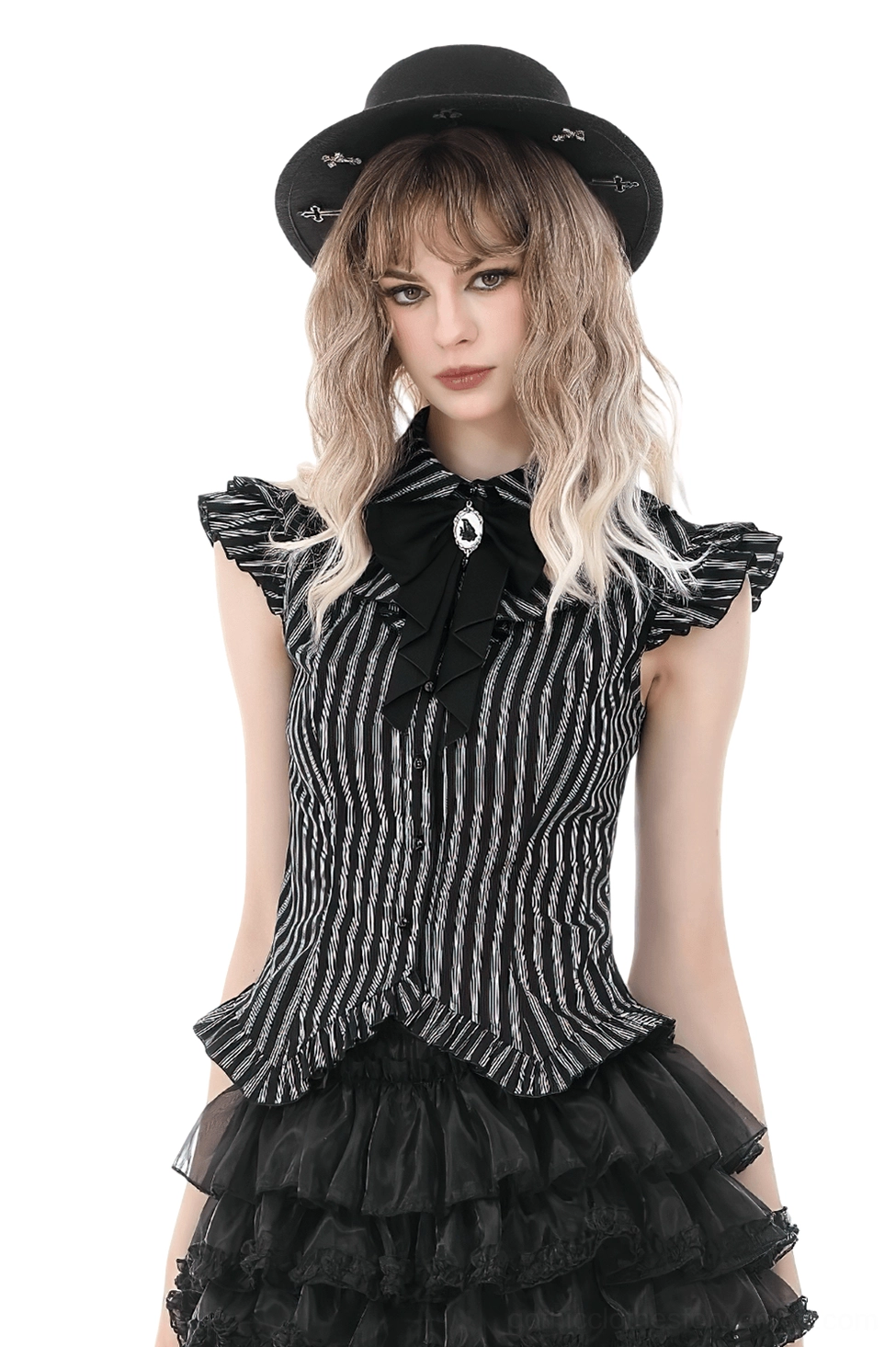 Black and white striped gothic blouse with ruffled cap sleeves and gem-adorned bow brooch, front full-body view on model