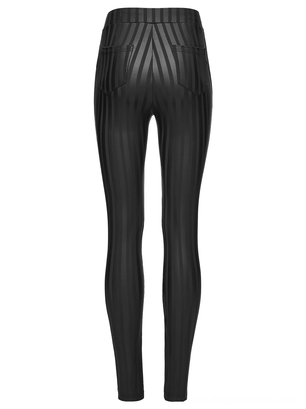 Black striped gothic leggings back flat lay, featuring two rear patch pockets and tight fitted cut in vertical stripe pattern