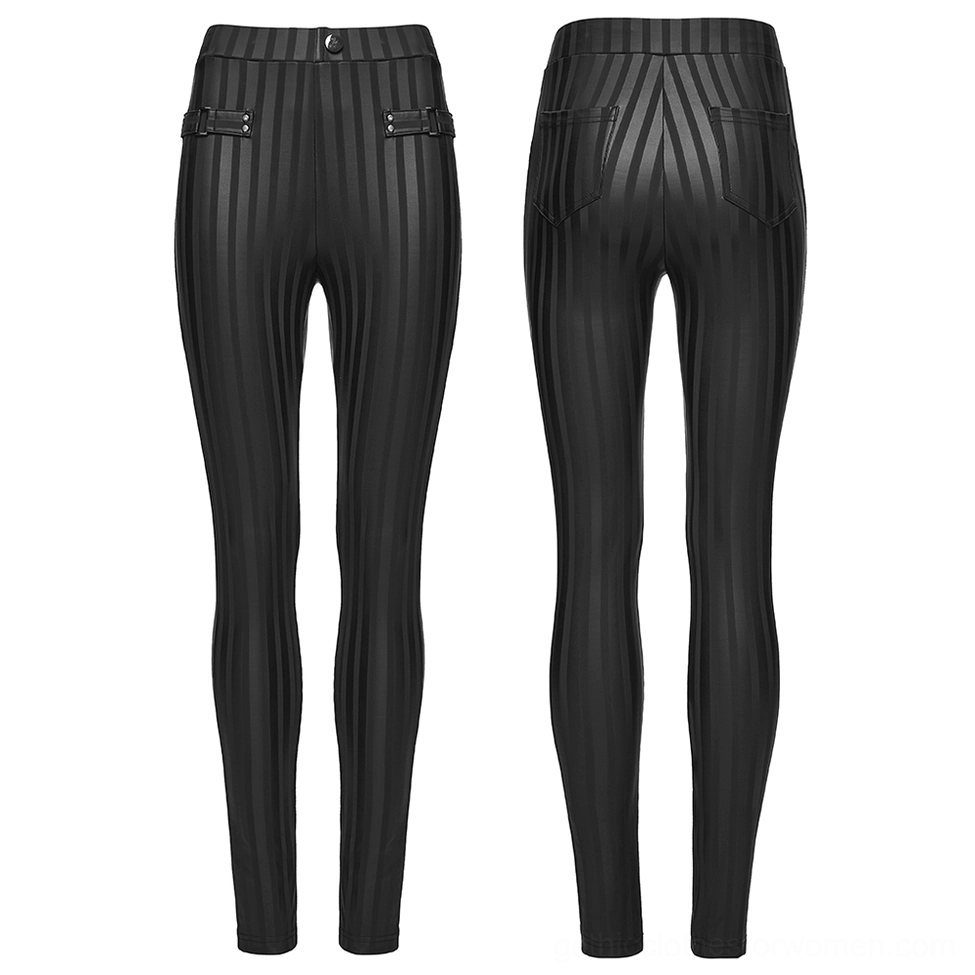 Black striped gothic leggings flat lay front and back, displaying vertical stripe pattern, buckle straps, and functional rear pockets
