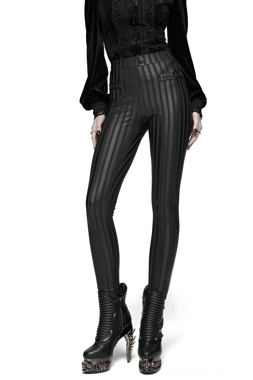 Black striped gothic leggings front view on model, styled with studded heeled boots - alternative fashion streetwear