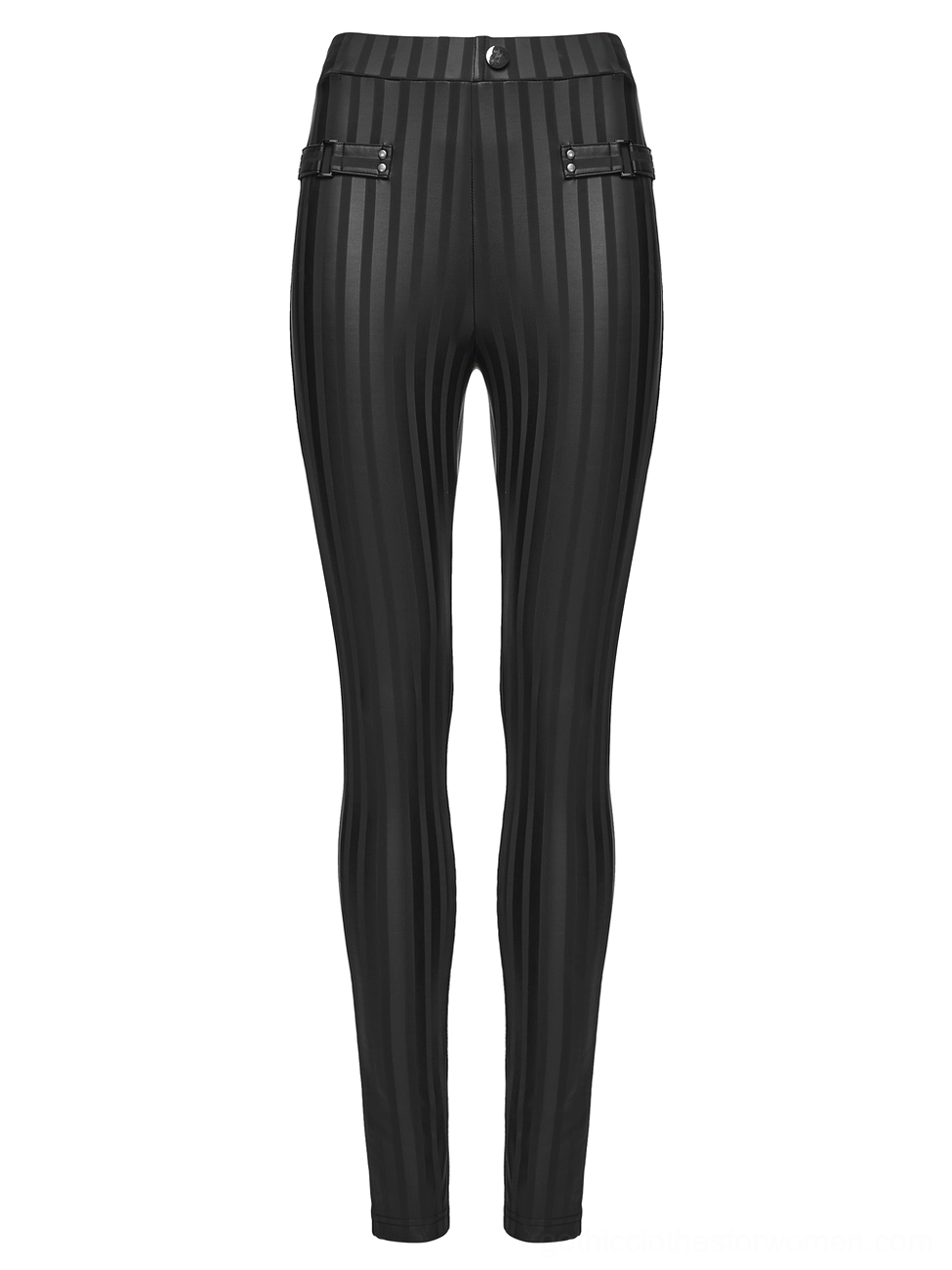Black striped gothic leggings front flat lay, highlighting high-waisted design with metal button and adjustable buckle straps
