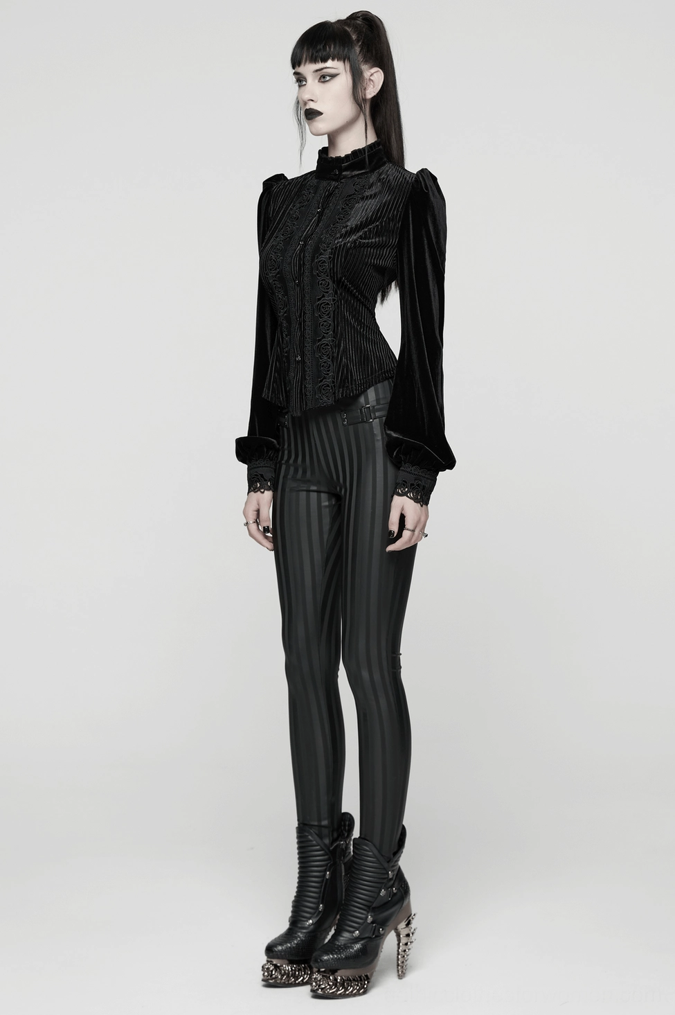 Black striped gothic leggings product showcase, displaying overall construction quality and dark alternative fashion appeal