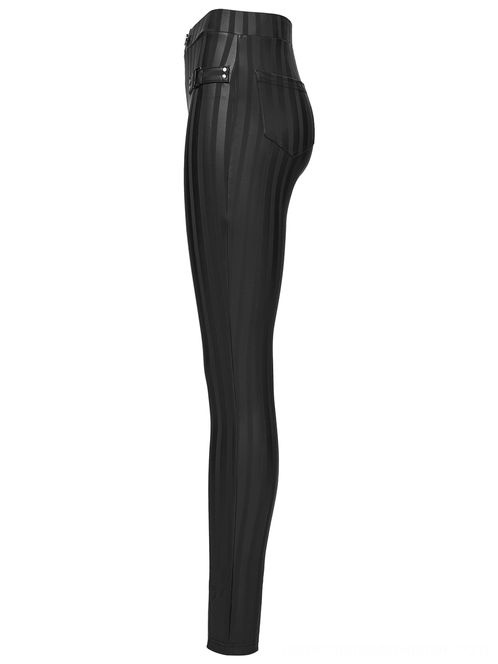 Black striped gothic leggings side flat lay, showing slim-fitted silhouette and vertical stripe texture with industrial buckle detail