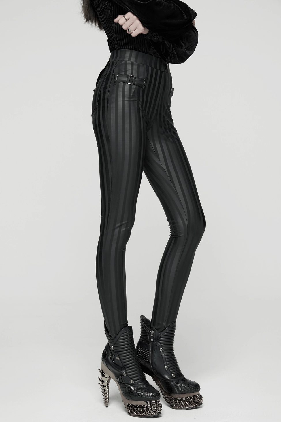 Black striped gothic leggings styling inspiration with dark goth fashion aesthetic and alternative streetwear combination