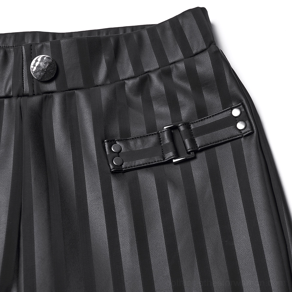 Close-up of black striped gothic leggings waist, showing metal button, adjustable buckle strap, and matte rubberized stripe pattern