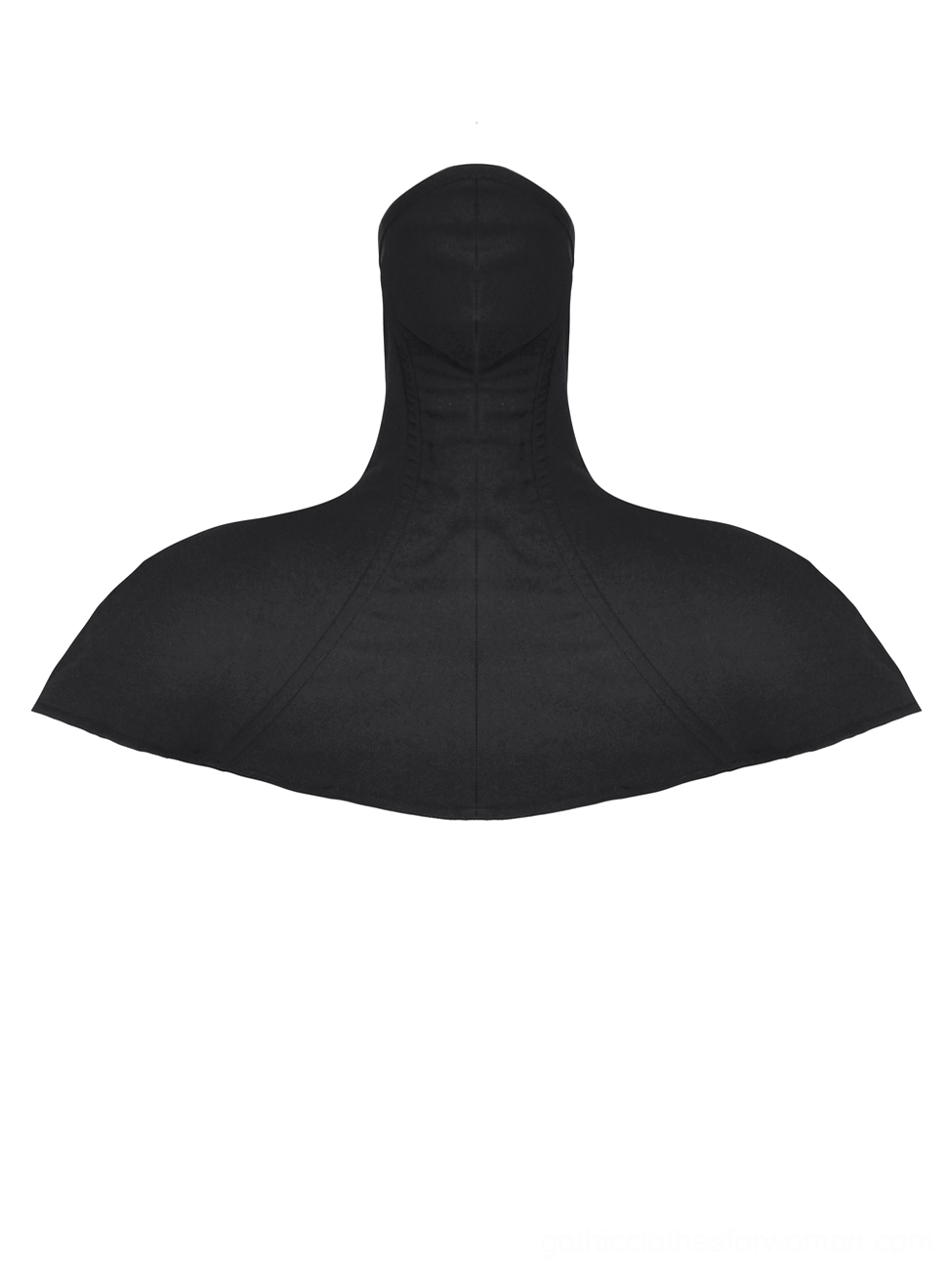 Black hooded cape flat lay overhead view showing matte nylon fabric and high-neck structured collar