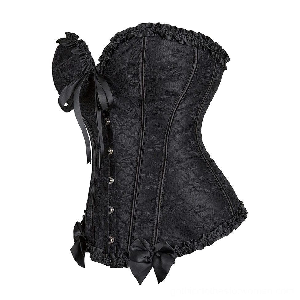 Matte black structured corset side view displaying hook closures, back ribbon tie detail, and ruffled hem trim