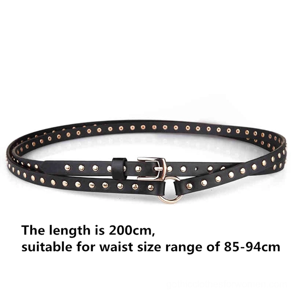 Black gothic studded belt 200cm size, flat lay showing rivet details and dual buckle system with waist fit specifications