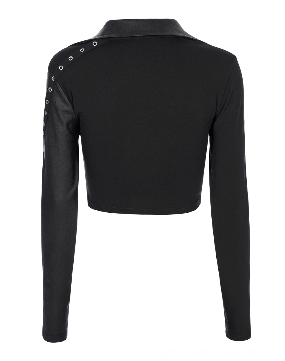 Black studded crop top back view flat lay, showing solid back panel and studded shoulder accents
