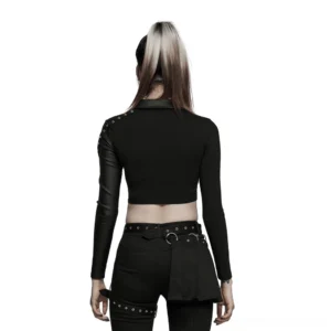 Gothic crop top with stud accents and fitted silhouette, back full view showing cropped hem and side details