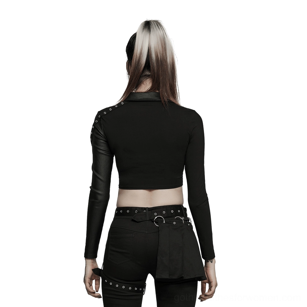 Gothic crop top with stud accents and fitted silhouette, back full view showing cropped hem and side details