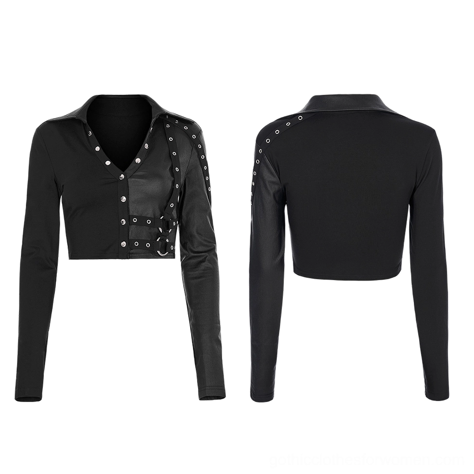 Black studded crop top flat lay front and back view, showcasing studded shoulder straps and cropped length