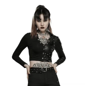 Black studded crop top with harness details and long sleeves, front 3/4 view on tattooed model