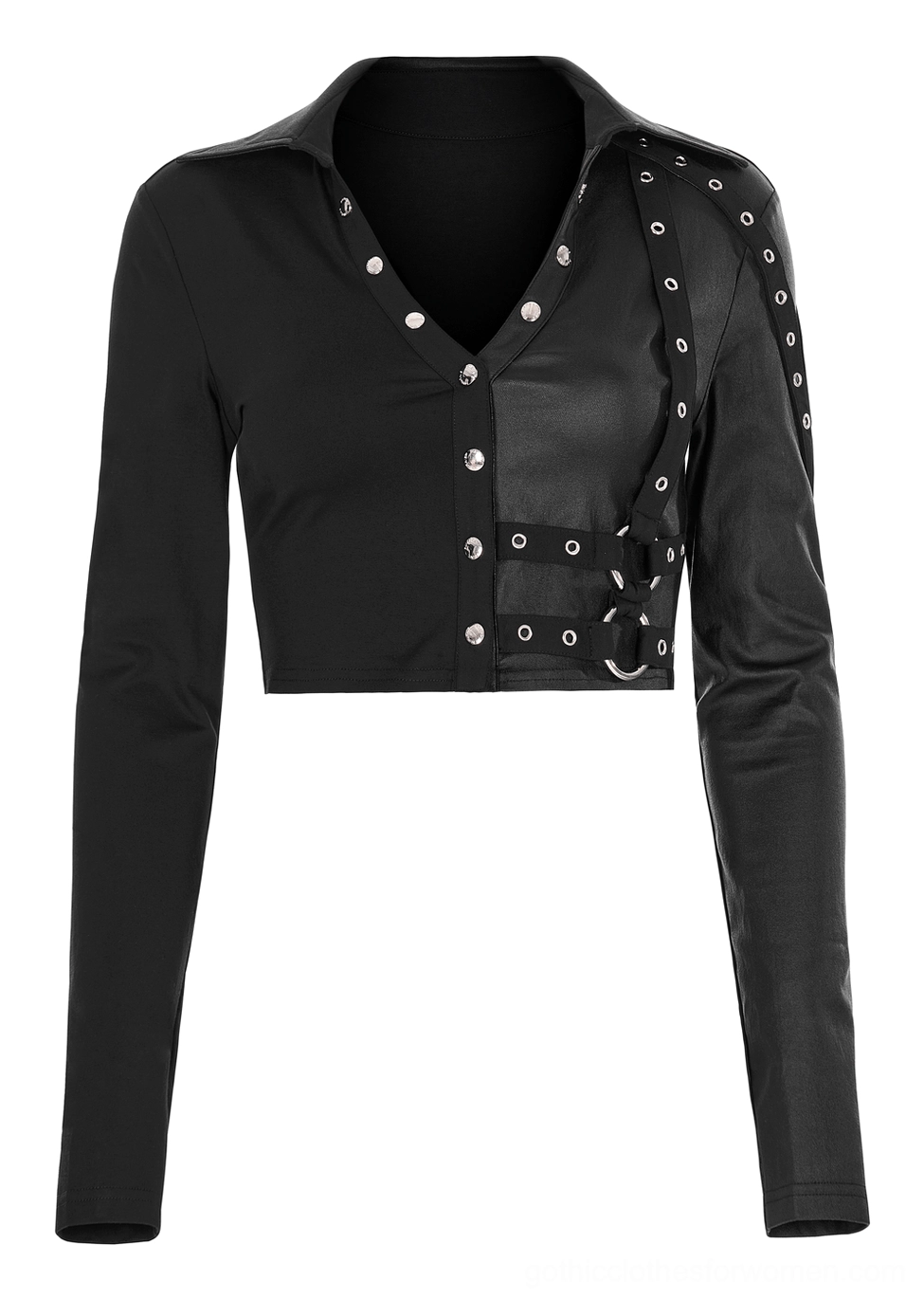 Black crop top with contrast leather panels and studded hardware details, front flat lay view