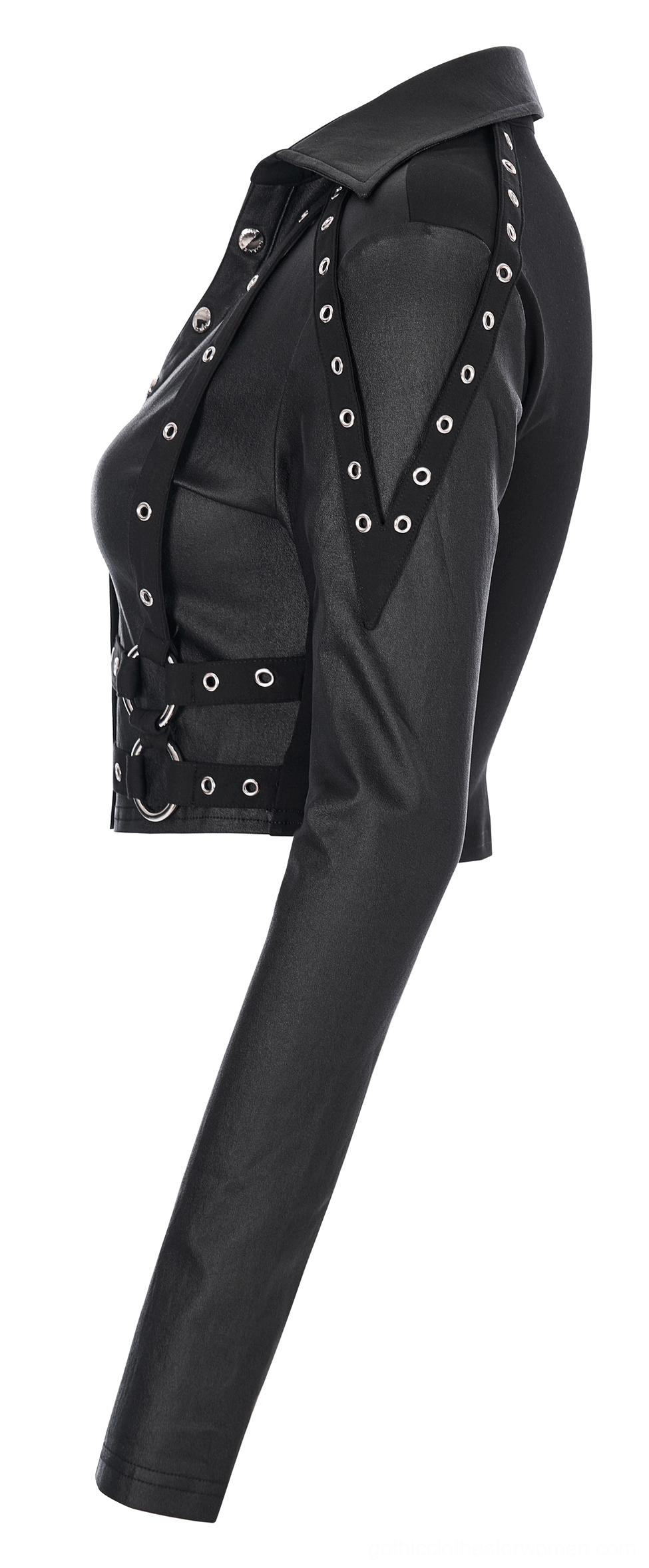 Studded gothic crop top side flat lay view showing harness-style details and fitted silhouette