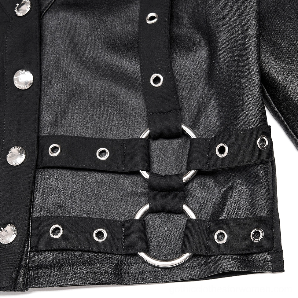 Metal O-ring and grommet strap detail on gothic crop top side, matte leather fabric texture