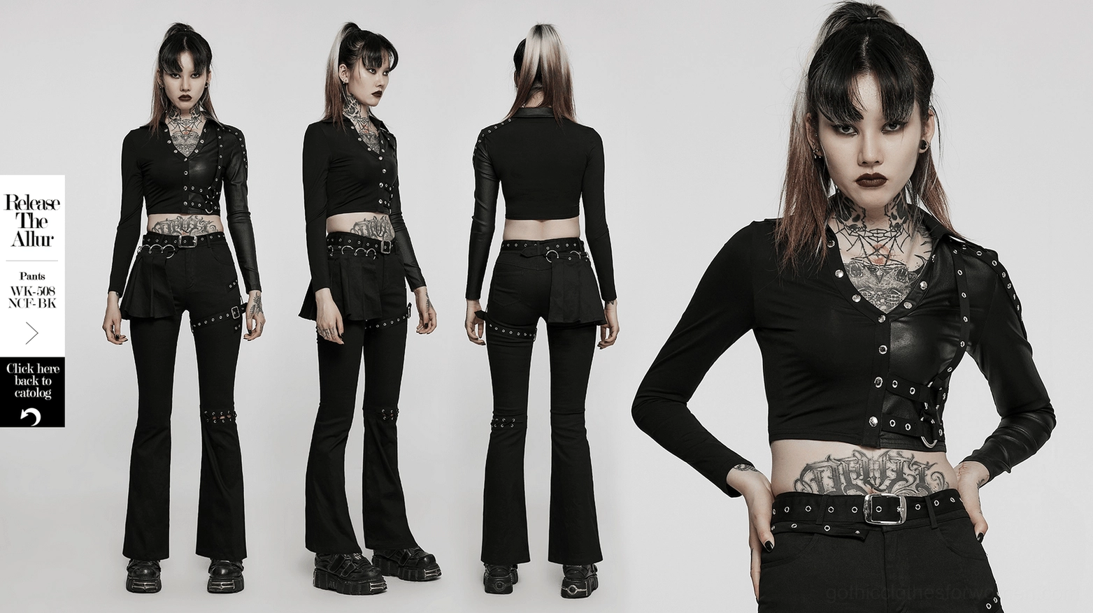 Black studded crop top styled full view, demonstrating fit and silhouette with studded harness details