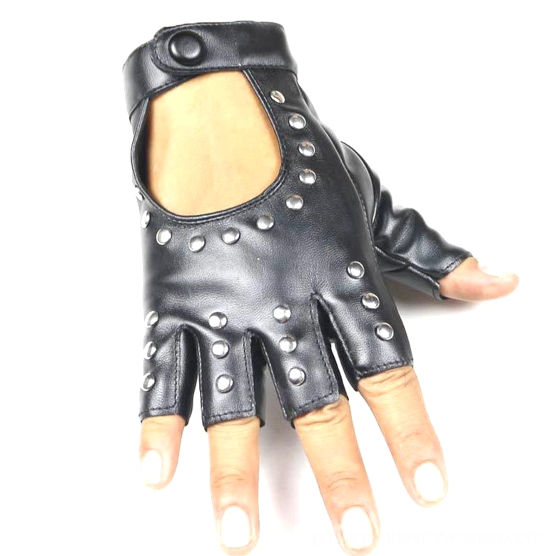 Fingerless leather gloves on human hand, front side view displaying multiple silver rivets and finger cutout design