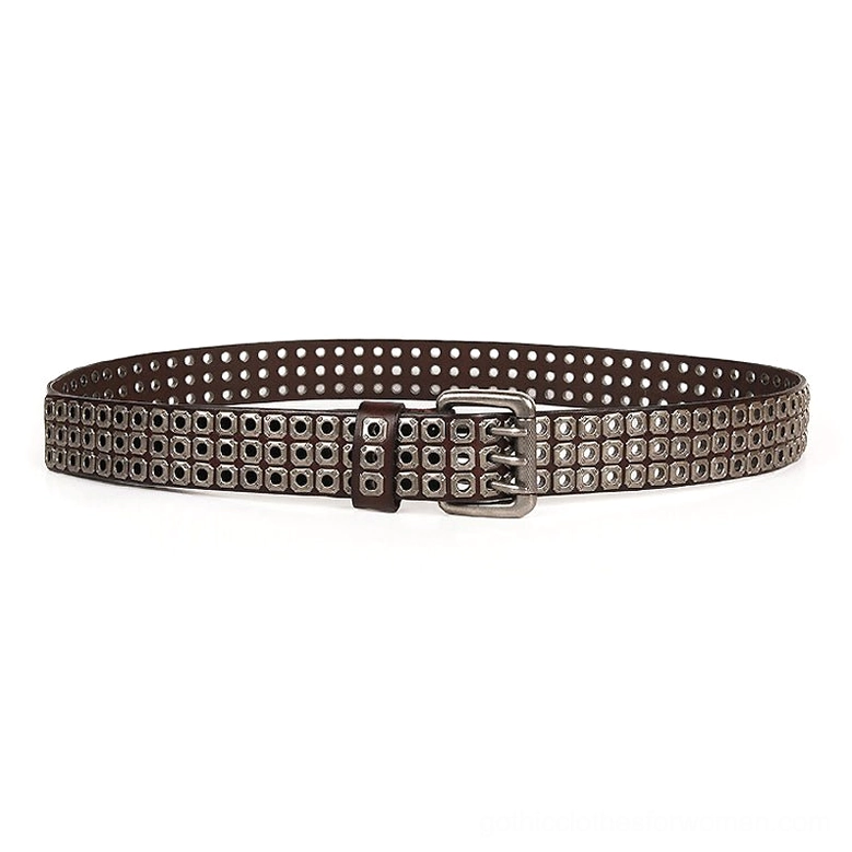 Black studded gothic leather belt with geometric square grommet pattern and silver buckle, flat lay product shot