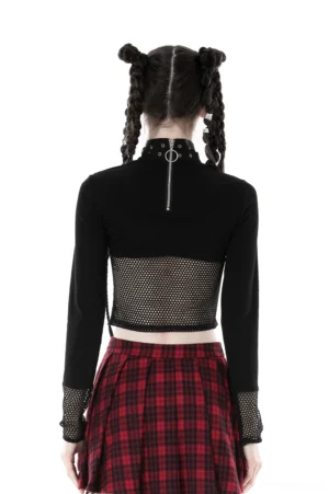 Back view of black gothic studded crop top showing full-length zipper closure and fishnet waist panel detail