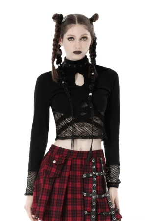 Black studded gothic crop top with fishnet panels and keyhole cutout - front full-body view worn by model with twin braided buns