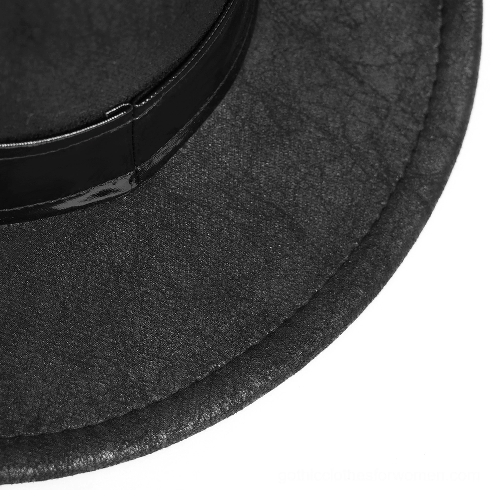 Black studded gothic cowboy hat angled view highlighting metal hardware and leather construction