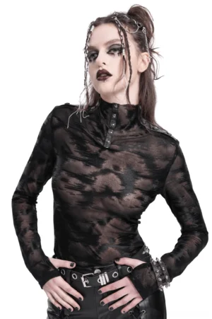 Black studded mesh gothic long sleeve top front three-quarter view on model