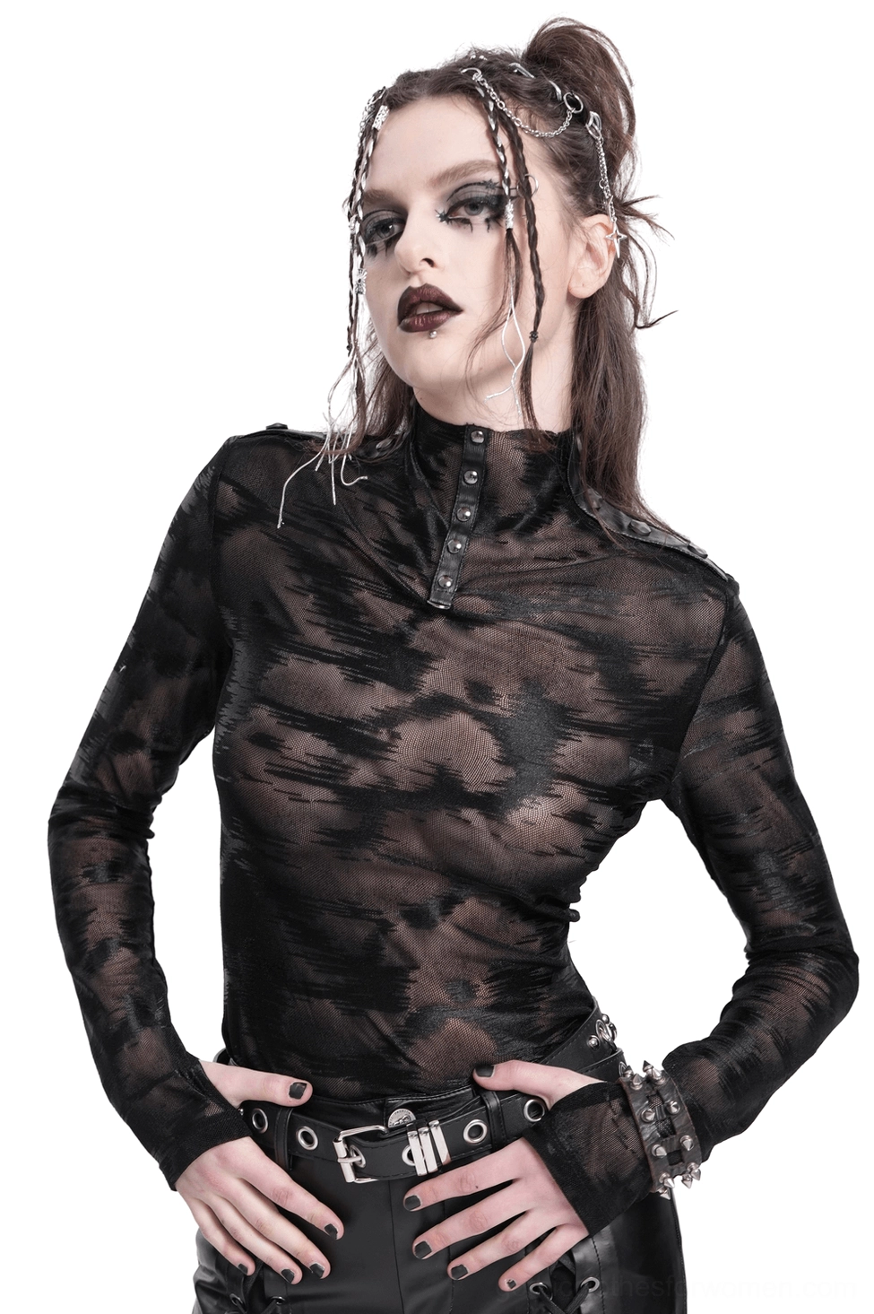 Black studded mesh gothic long sleeve top front three-quarter view on model