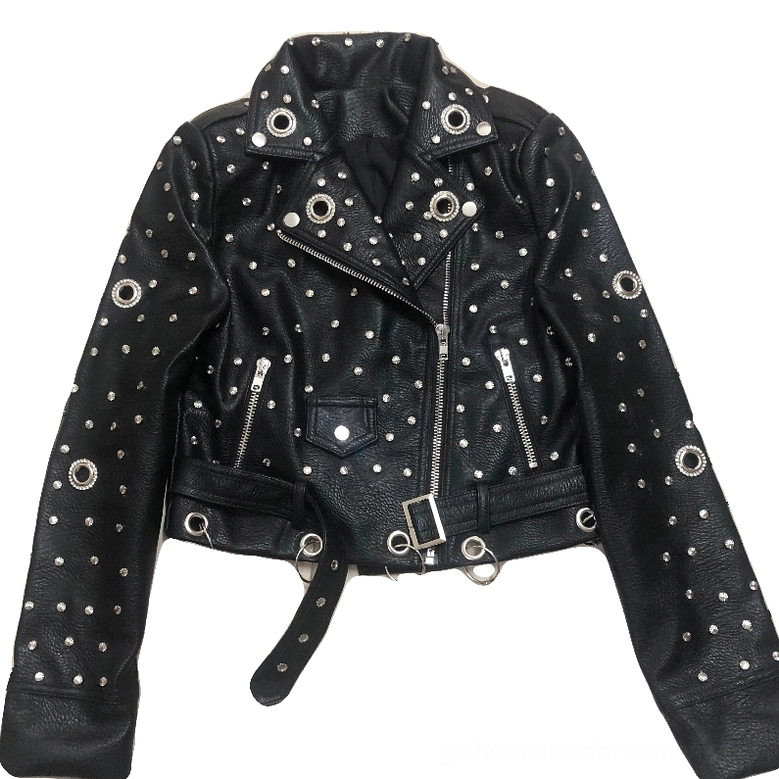 Black studded faux leather biker jacket front flat lay with all-over star rivets and waist belt detail