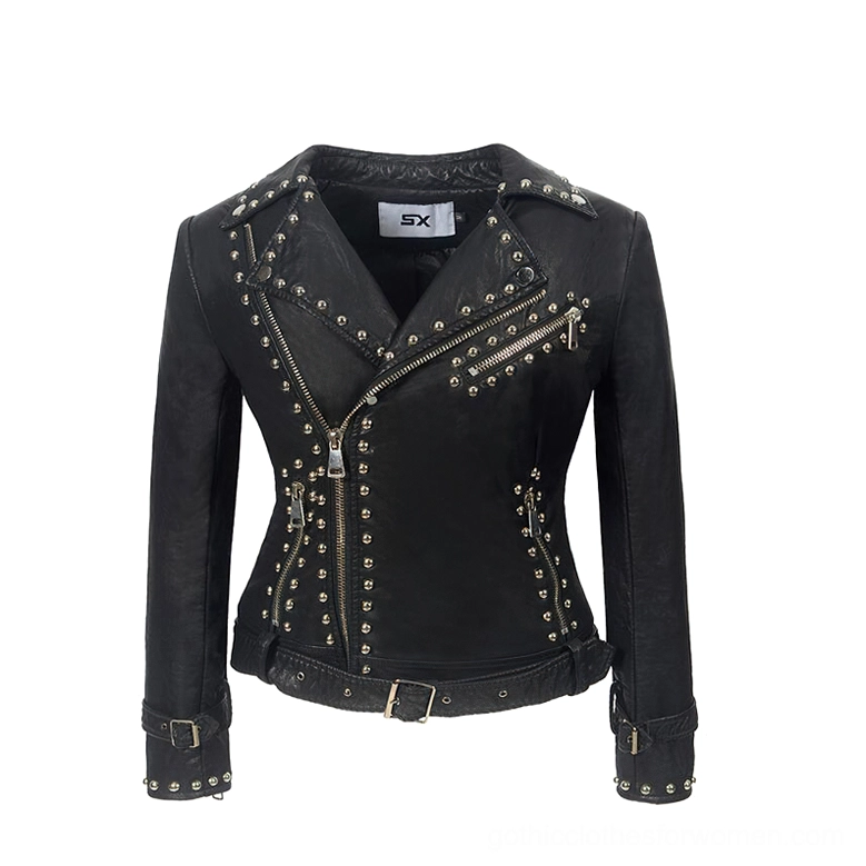 Solid black leather moto jacket with silver zippers and stud detailing, women's gothic biker jacket flat lay
