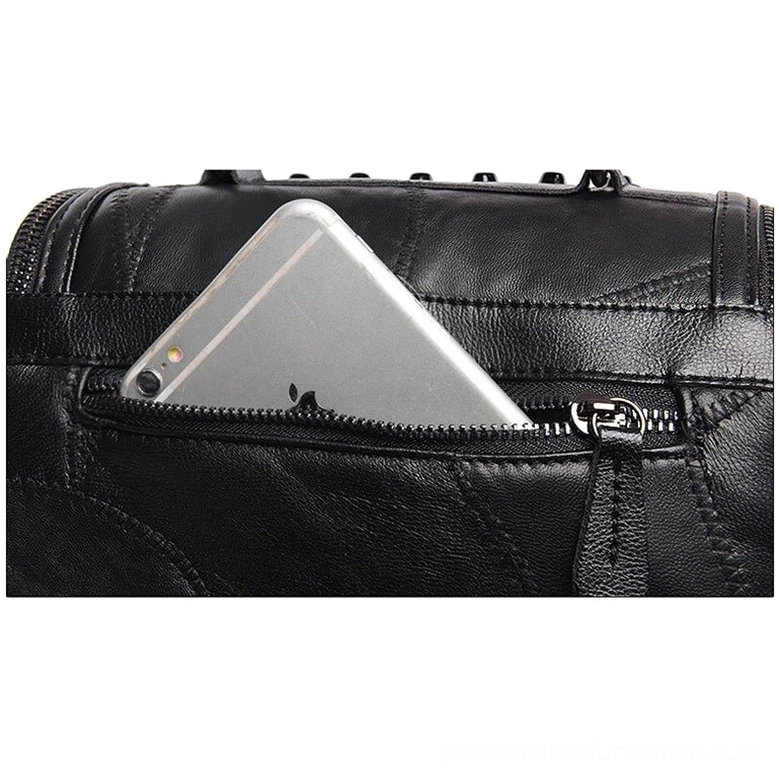 Black studded sheepskin leather crossbody bag styled for gothic alternative fashion showing overall rivet pattern and leather texture