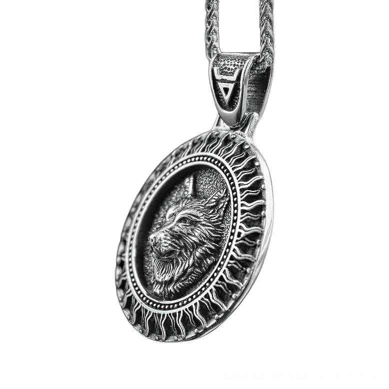 Wolf sun amulet pendant necklace side profile view silver stainless steel gothic slavic