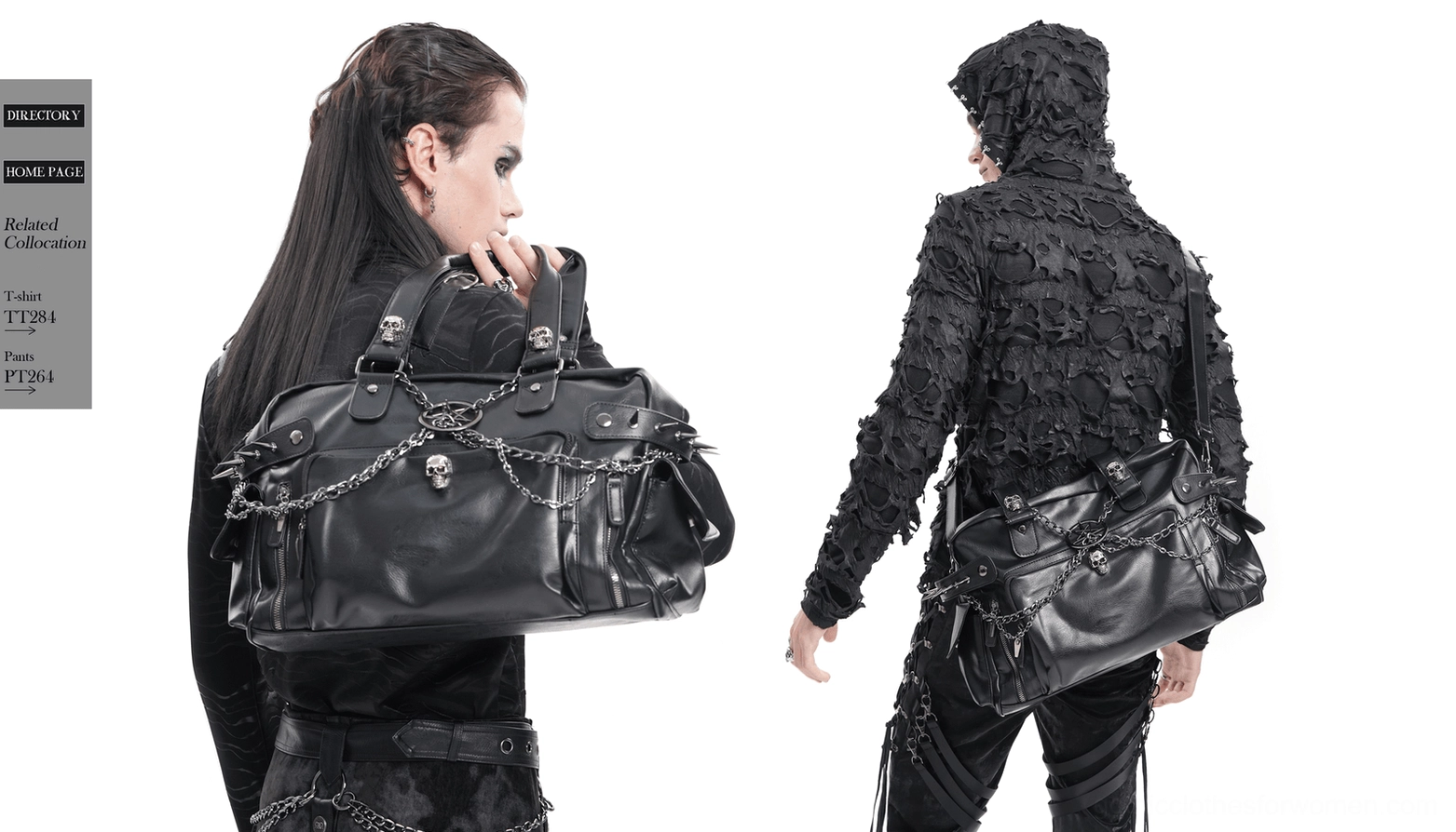 Black synthetic leather gothic tote bag displaying sophisticated alternative fashion style with hardware and spike detailing