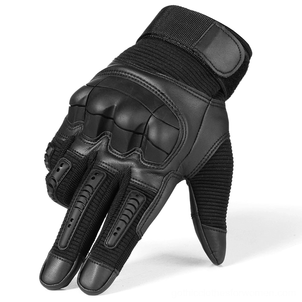 Black tactical half-finger gloves with rubber knuckle guards and textured finger panels on white background