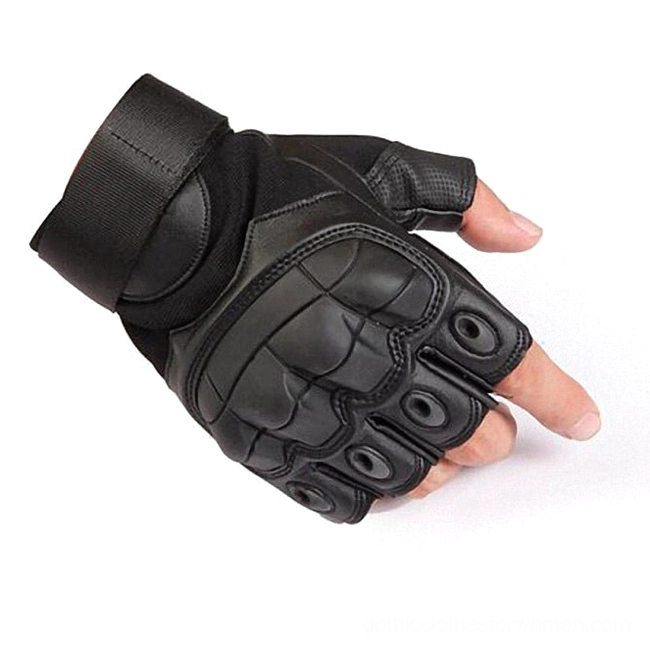 Black half-finger tactical gloves worn on mannequin hand, showing padded knuckle protection and velcro wrist strap