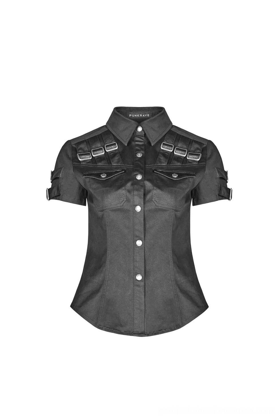 Black tactical gothic blouse front flat display - showing structured silhouette with shoulder strap buckles and tailored fit
