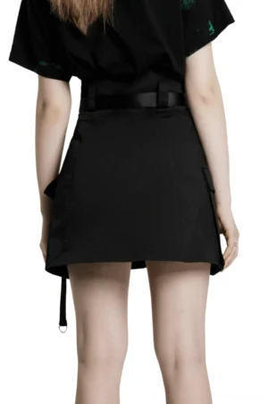 Asymmetric gothic tactical skirt rear view showcasing asymmetrical hem line and side detachable strap