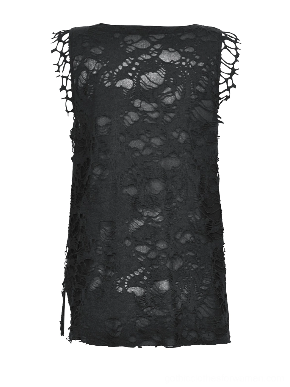 Black hollow-out distressed tank top flat lay showing front graphic design