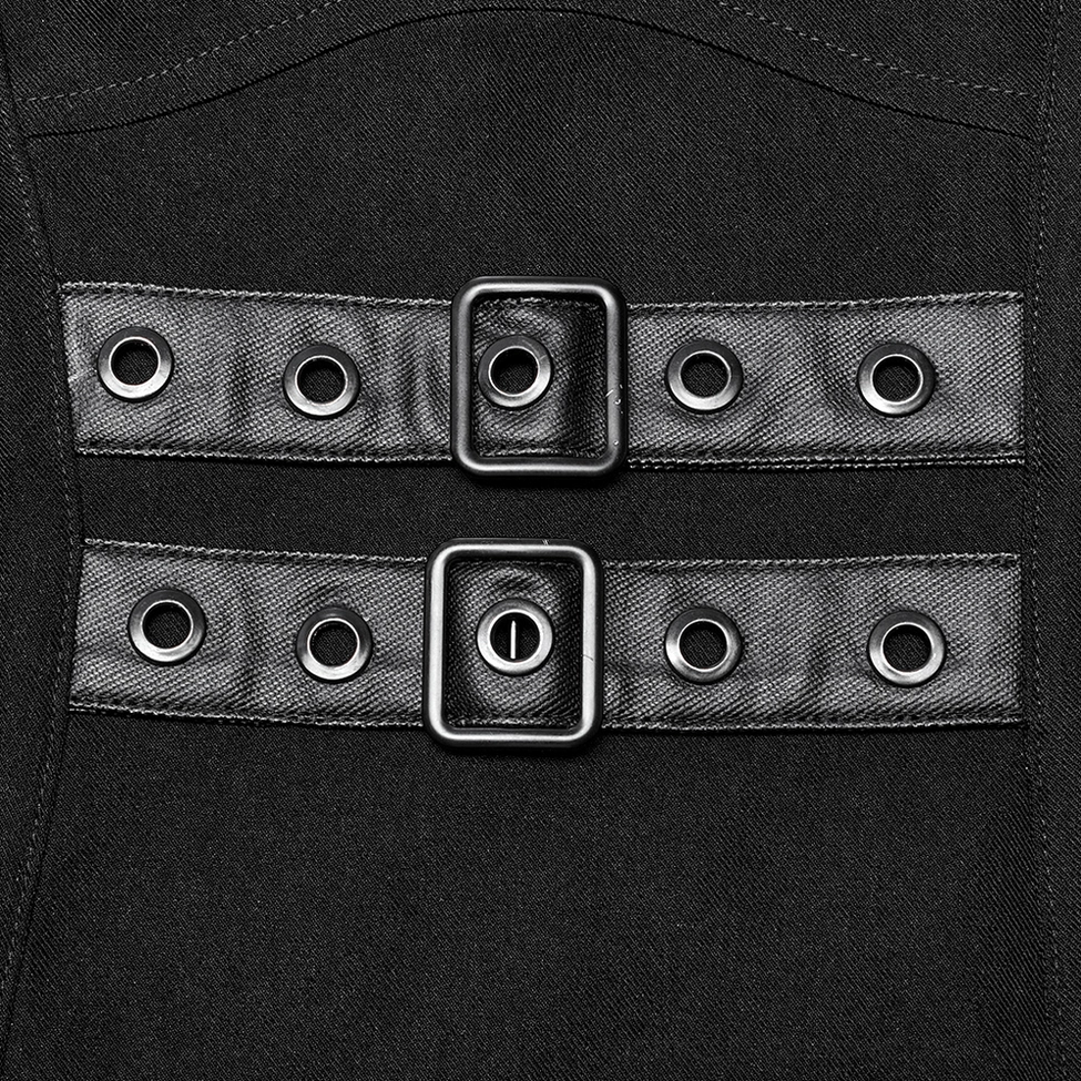Close-up detail of black gothic techwear dress double metal waist buckles with faux leather straps and fabric eyelets