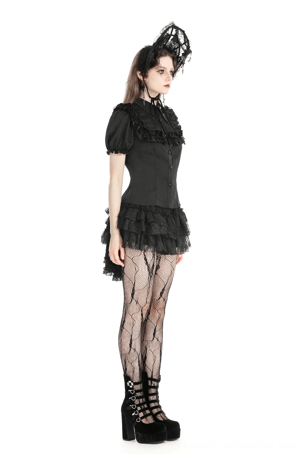 Black gothic tiered ruffle skirt - alternative fashion styling with accessories and dramatic silhouette