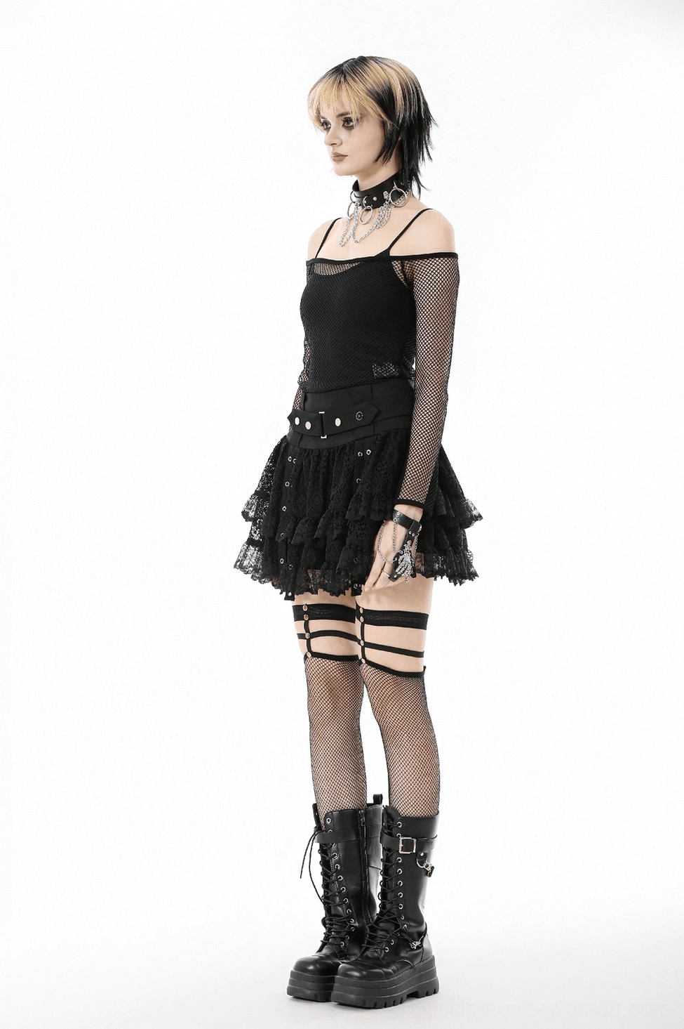 Black tiered lace gothic mini skirt with metal eyelets - additional view angle