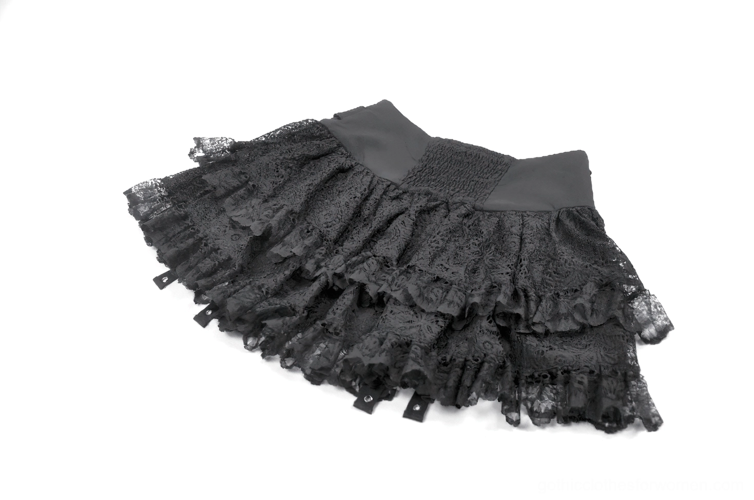 Black tiered lace gothic mini skirt construction detail - flat angled view