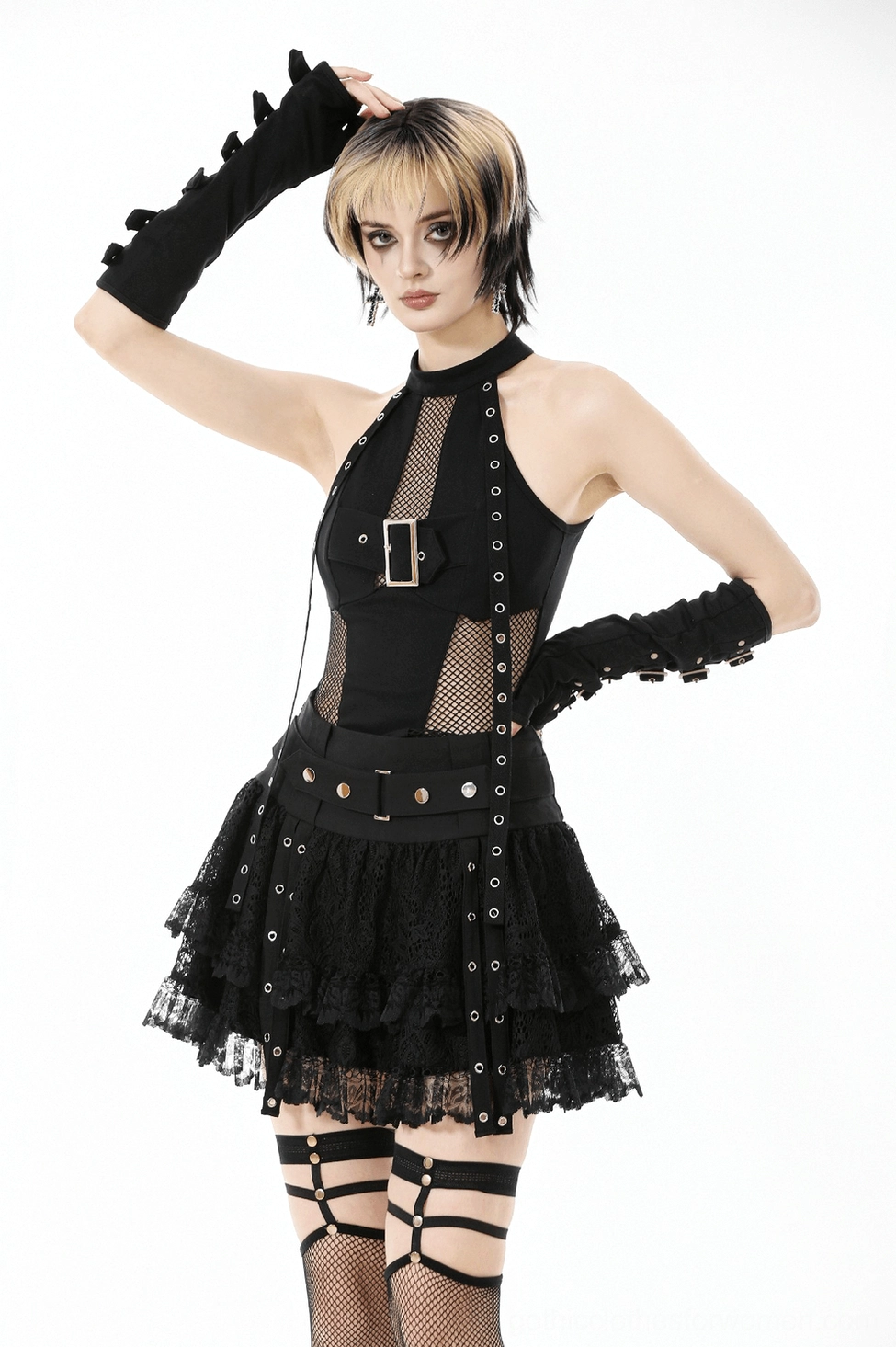 Black tiered lace gothic mini skirt - additional styling angle and silhouette view