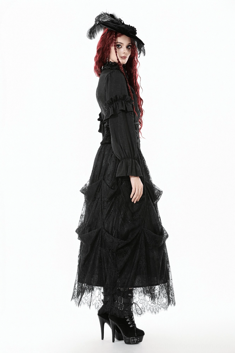 Black tiered lace maxi skirt standalone product view emphasizing gothic style and romantic layering details