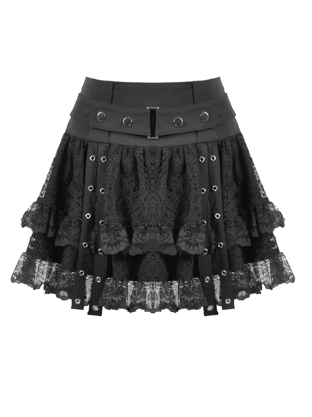 Black tiered ruffle lace gothic mini skirt - flat front view detail