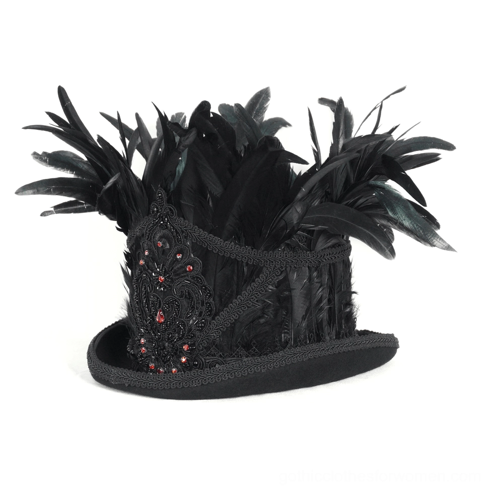 Three-quarter front view black feathered top hat with braided trim and gemstone embroidery detail
