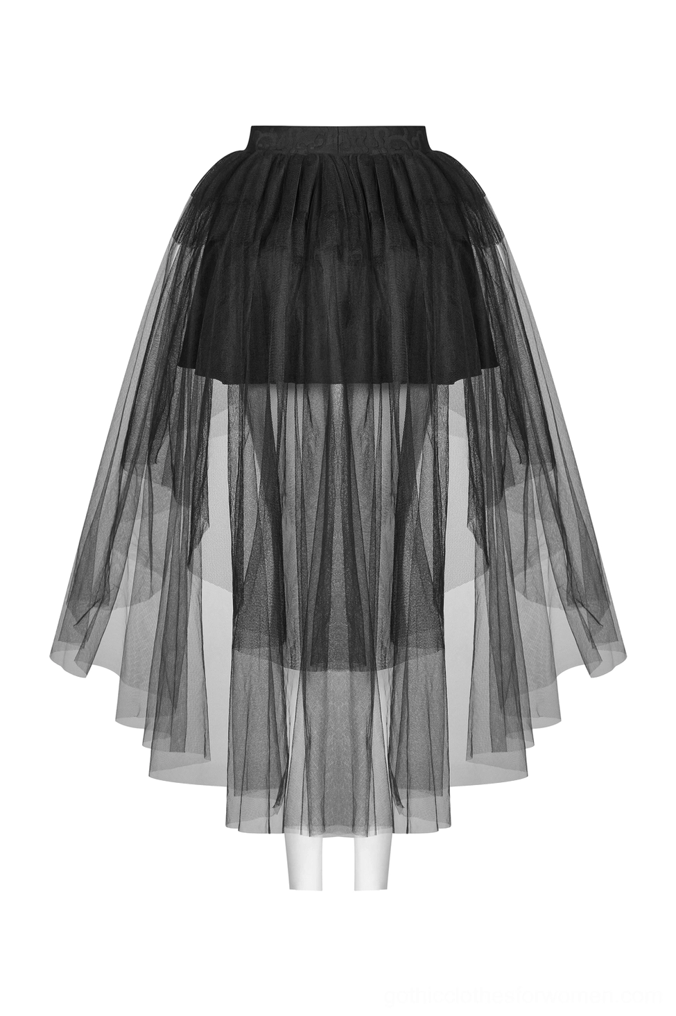 Black voluminous gothic tulle bustle skirt on dress form showing full layered construction