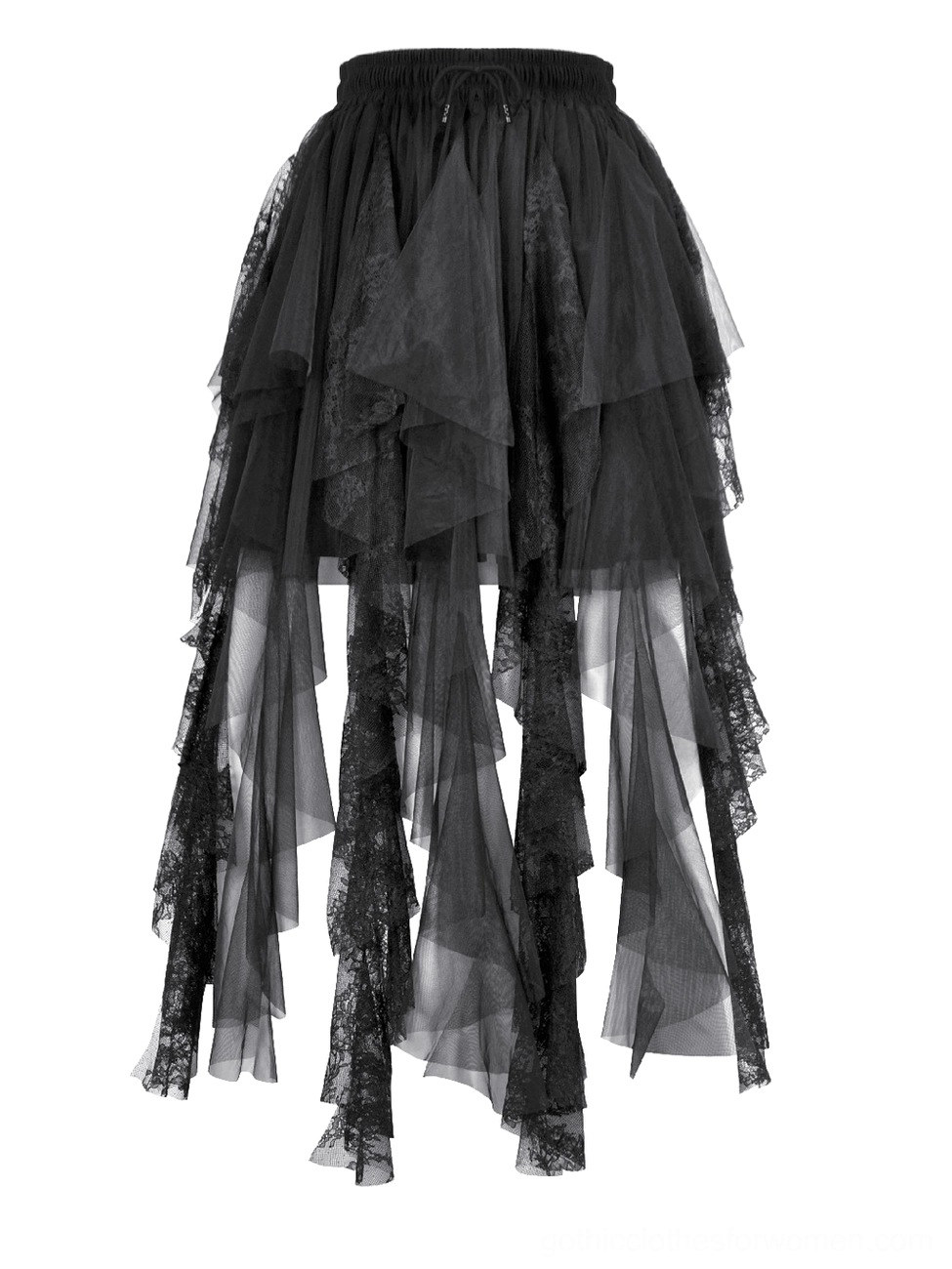 Hanging studio product shot of black layered tulle lace skirt showing drawstring elastic waist