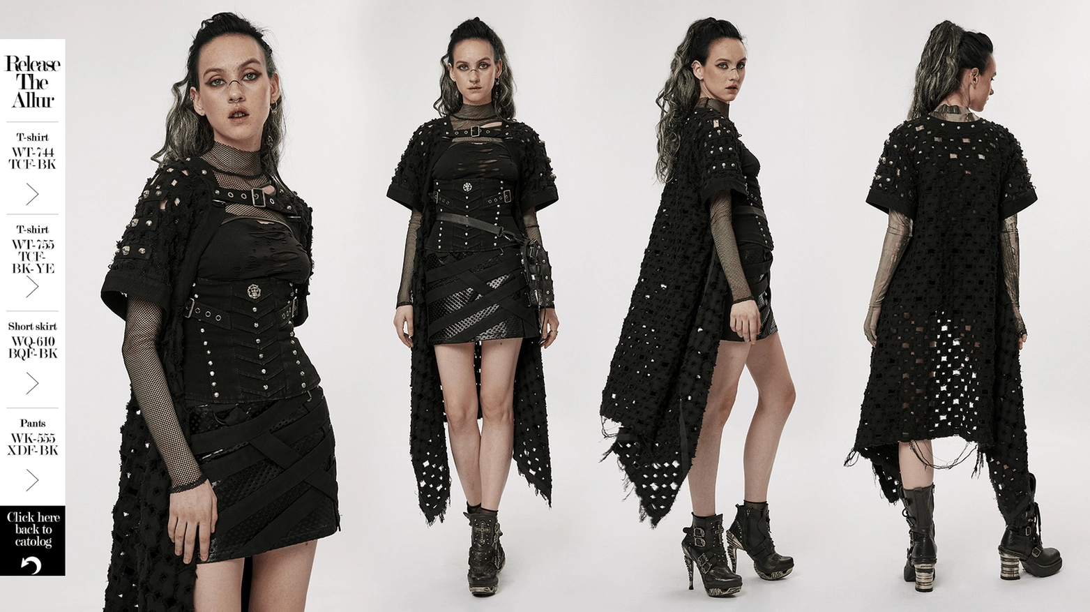 Black distressed twill cape cardigan with metal skull shoulder rivets and hollow-out design, alternative fashion